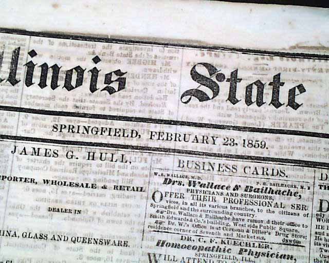 An 1859 Springfield, Illinois newspaper with advertisement with Abraham