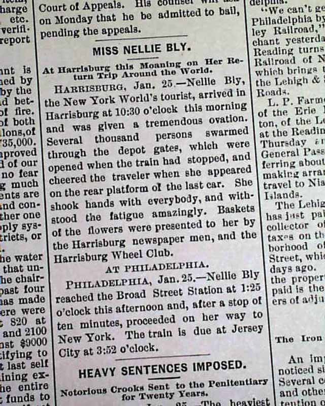NELLIE BLY Elizabeth Jane Cochrane TRIP AROUND THE WORLD Returns 1890