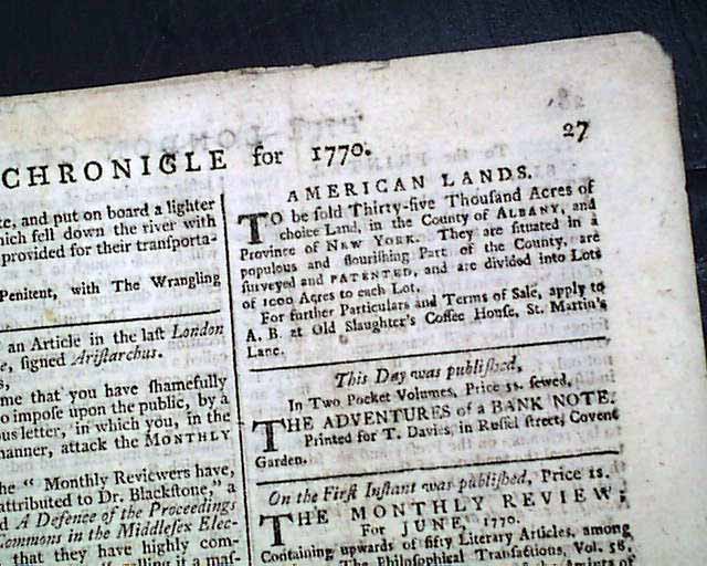 ALBANY COUNTY New York LAND For Sale Advertisement 1770 Pre Rev. War