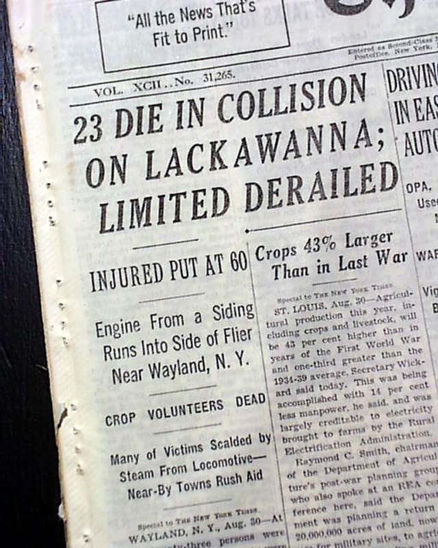 WAYLAND New York Lackawanna Limited TRAIN WRECK Railroad Disaster '43