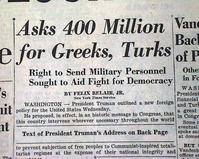 President Harry TRUMAN DOCTRINE Greece & Turkey Aid Communism 1947