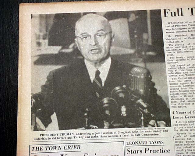 President Harry TRUMAN DOCTRINE Greece & Turkey Aid Communism 1947