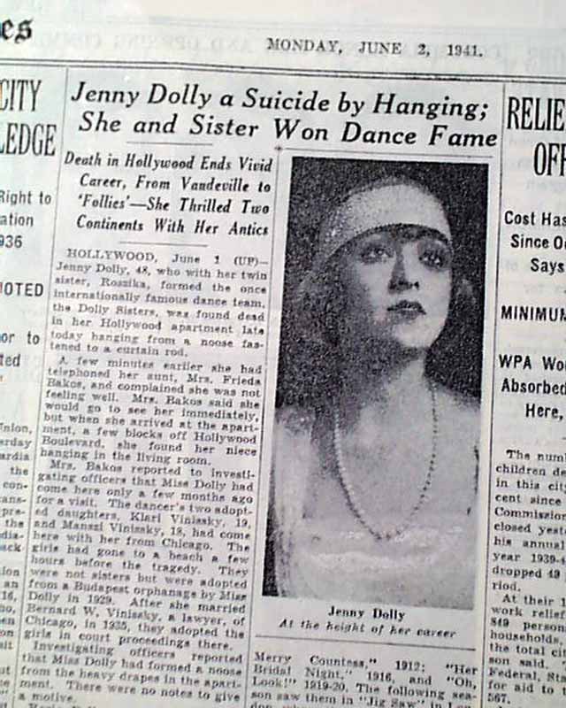 JENNY DOLLY Twin Sisters Dancers & Actress SUICIDE Hanging Death 1941