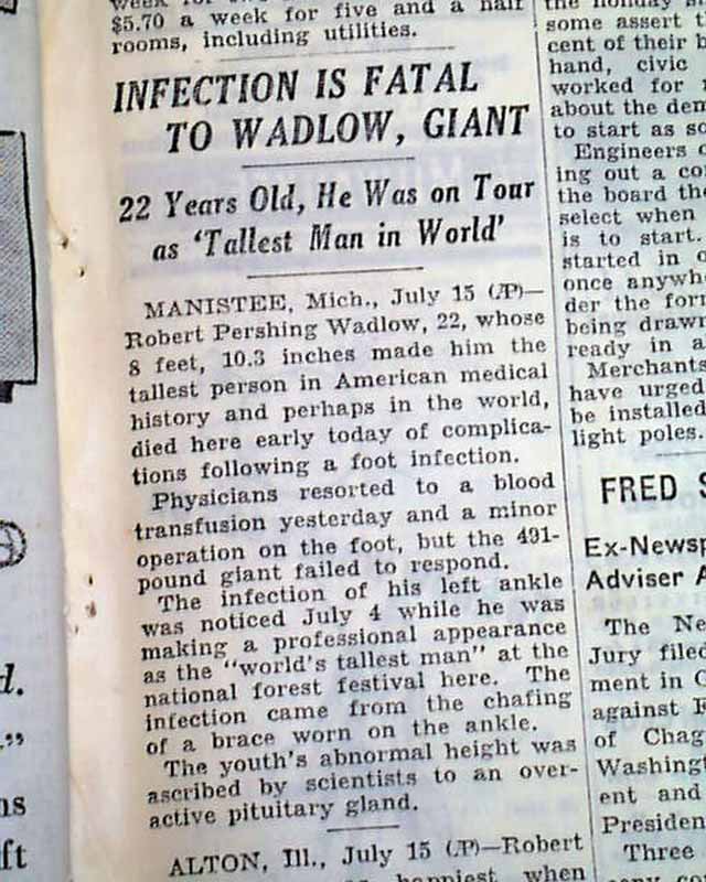 ROBERT PERSHING WADLOW Alton IL GIANT Tallest Man in World DEATH 1940 Newspaper