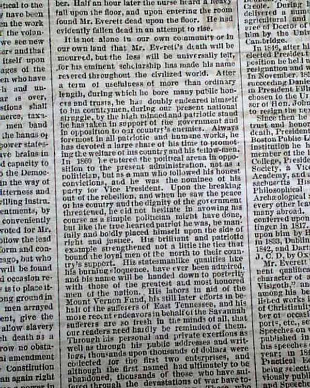1865 BOSTON MA Civil War Newspaper Death of EDWARD EVERETT 1st report 