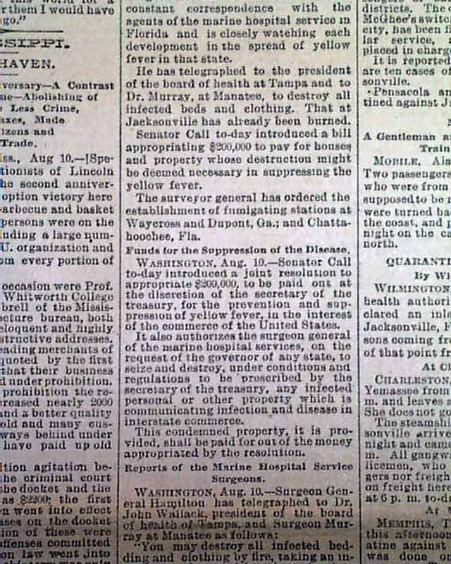 1888 JACKSONVILLE Florida Yellow Fever Jack EPIDEMIC Outbreak Old