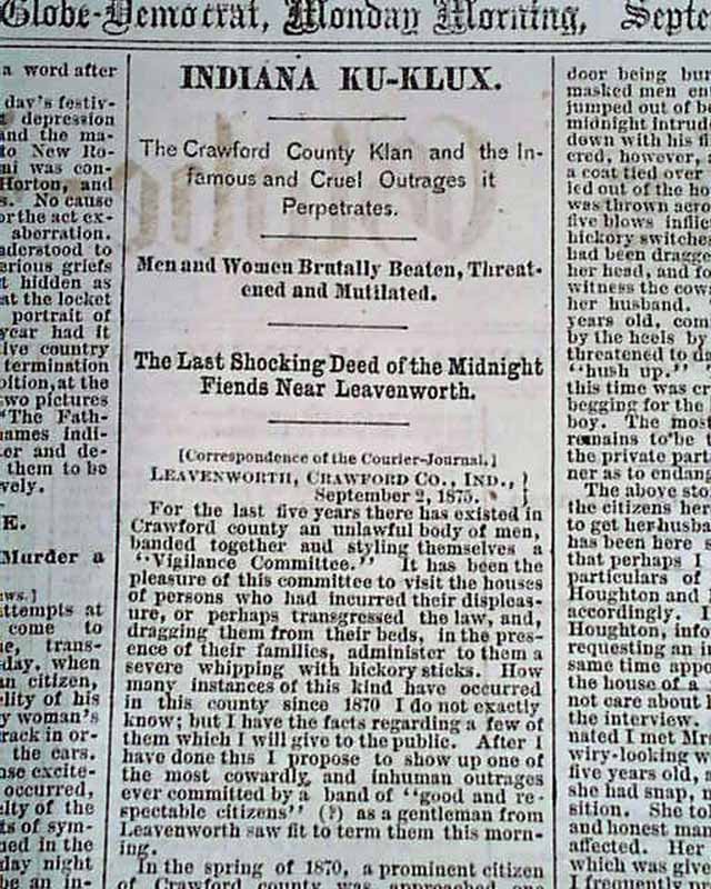 LEAVENWORTH Crawford County INDIANA KKK Ku Klux Klan Outrages 1875 Old