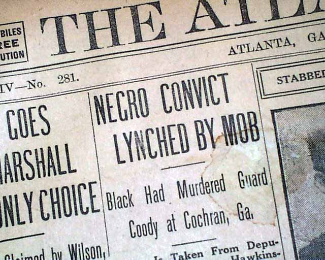 1912 Atlanta GA Old Newspaper COCHRAN NEGRO Lynching