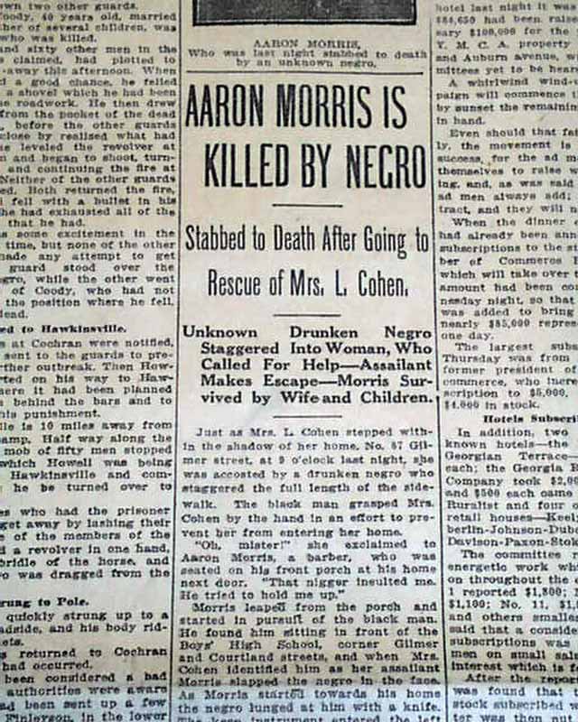 1912 Atlanta GA Old Newspaper COCHRAN NEGRO Lynching