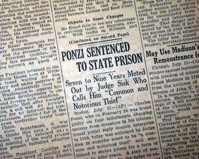 CHARLES PONZI Stock Market Fraud Sentence & SCOPES Monkey Trial 1925