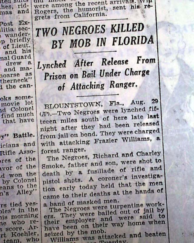 BLOUNTSTOWN FL Florida Richard & Charles Smoke NEGROES Lynchings 1931