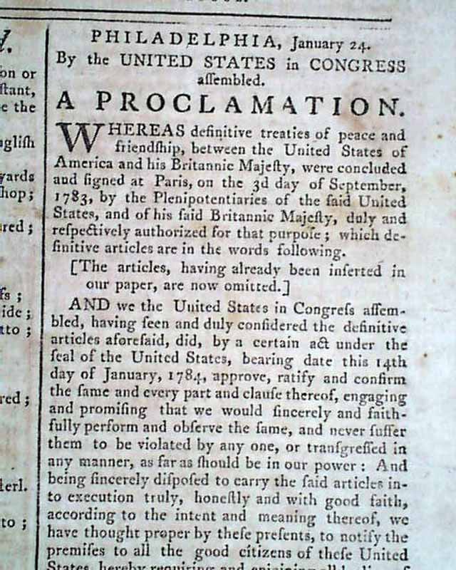 1784 Old Newspaper Revolutionary War Ends Treaty Of Paris American