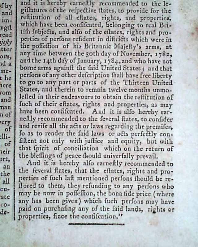 1784 Old Newspaper Revolutionary War Ends Treaty Of Paris American