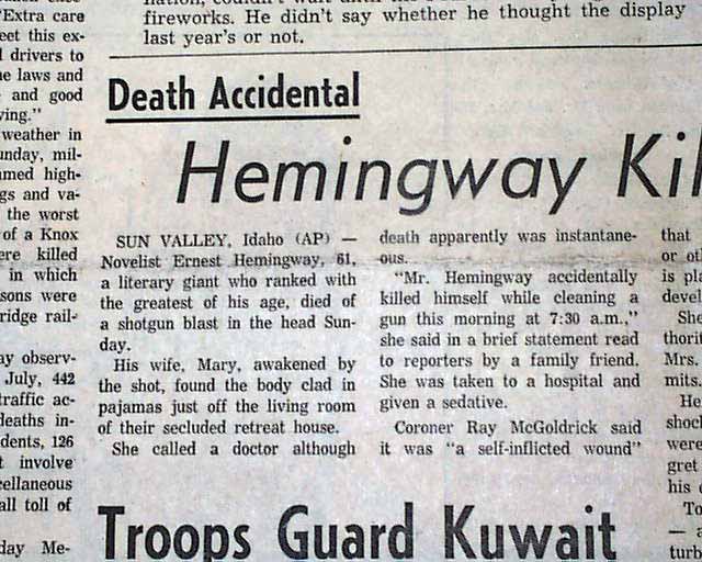 ERNEST HEMINGWAY American Author & Journalist Death SUICIDE in 1961