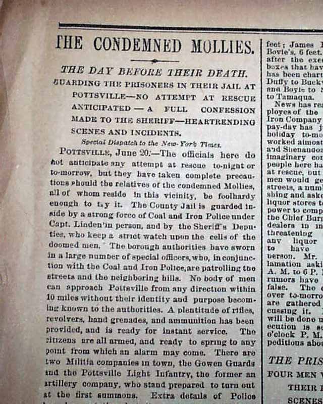 MOLLY MAGUIRES Mauch Chunk & Pottsville PA Coal Miners EXECUTIONS 1877