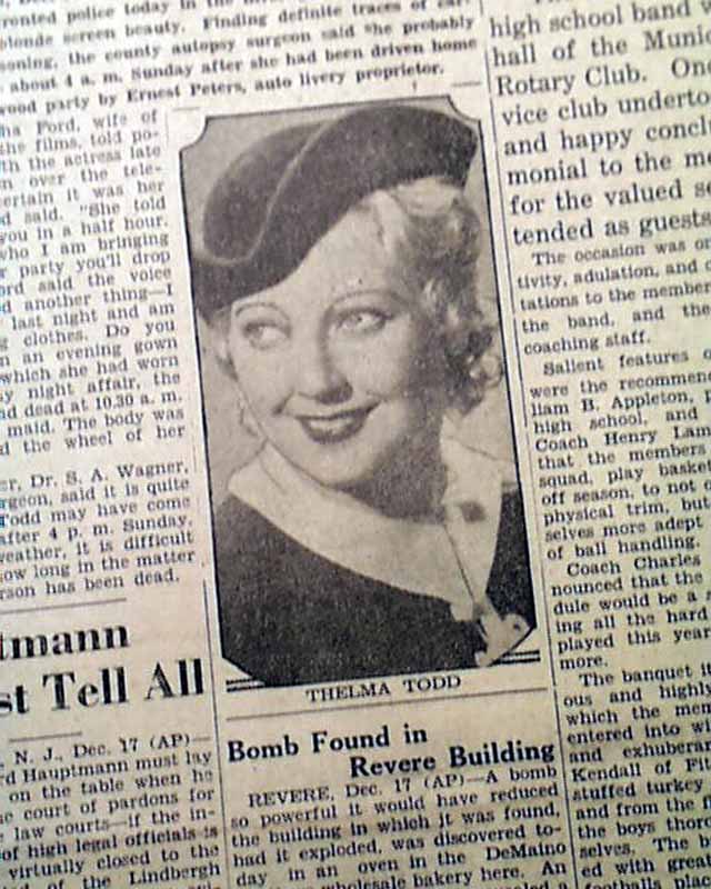 1935 Actress THELMA TODD Hollywood Death Old Newspaper  