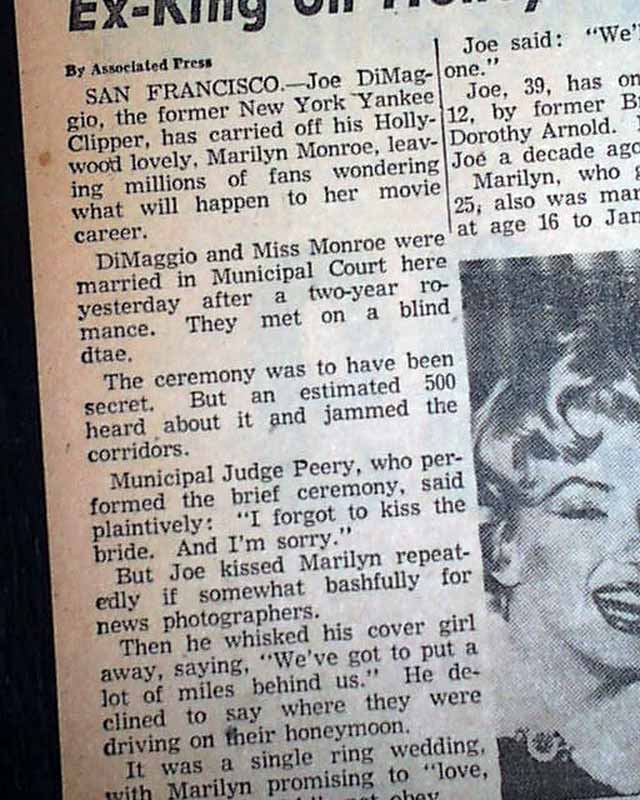 MARILYN MONROE & Joe DiMaggio WEDS Marries Wedding w/ Photo 1954 Old