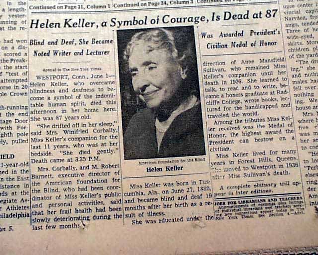 HELEN KELLER Deaf & Blind Author Women's Suffrage Activist DEATH 1968
