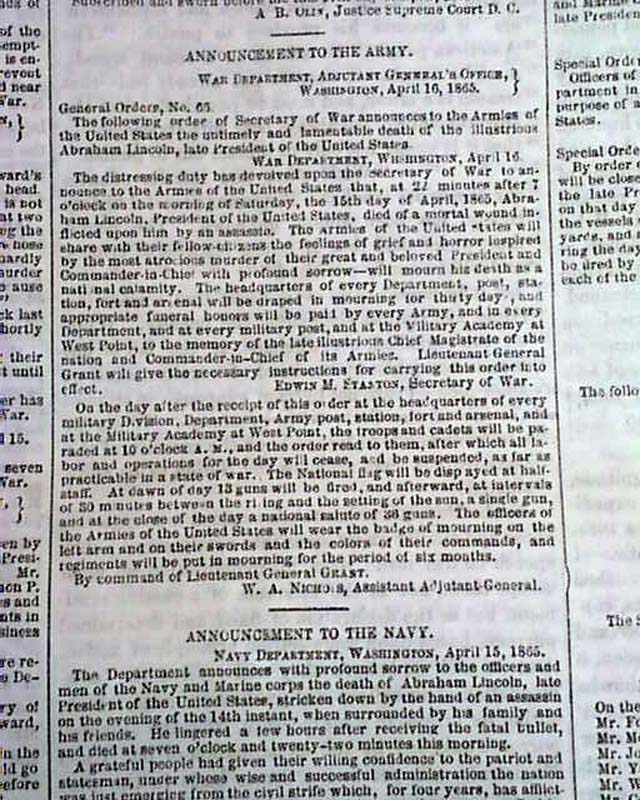 Historic Abraham Lincoln Assassination Fords Theater Jw Booth 1865 Newspaper Ebay 