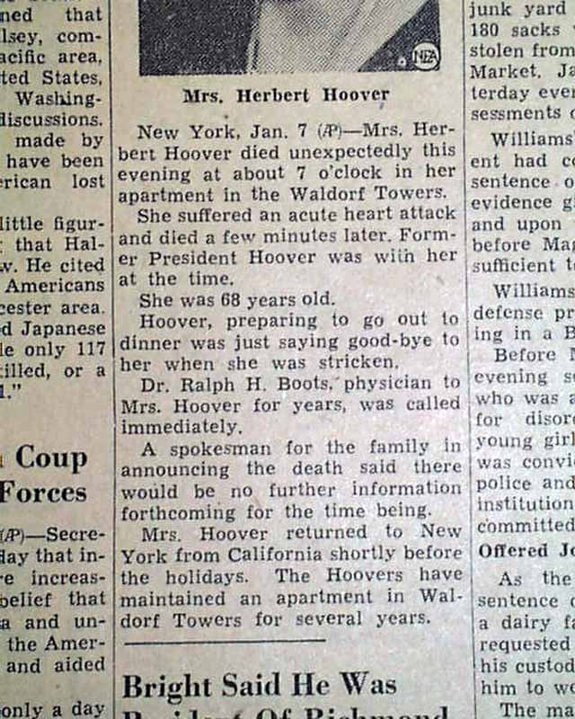 Mrs. Herbert Hoover Death in 1944....