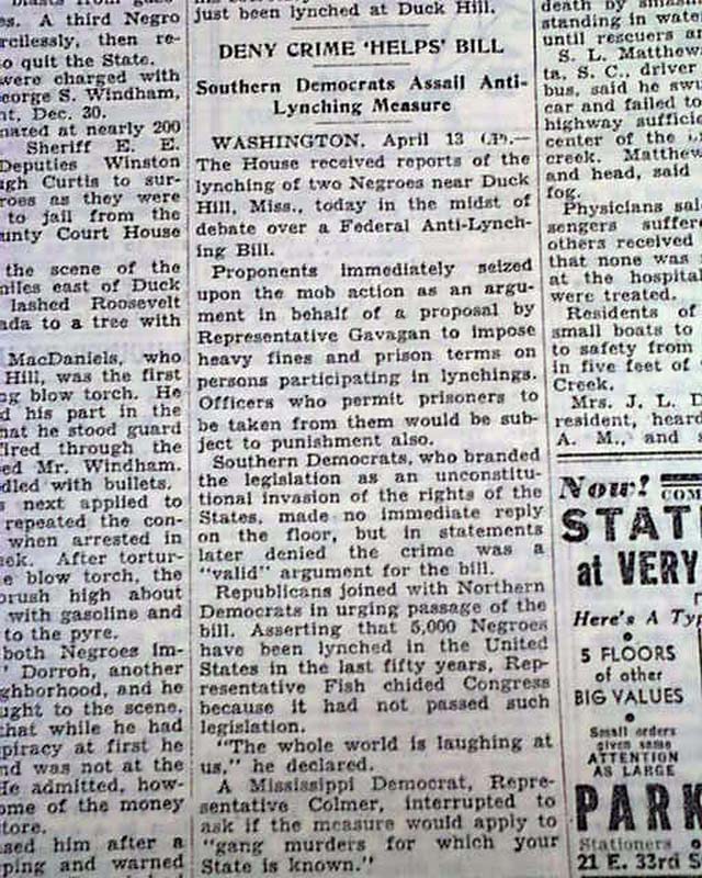 DUCK HILL MS Mississippi Negroes Lynchings Bootjack McDaniels 1937 Old Newspaper eBay