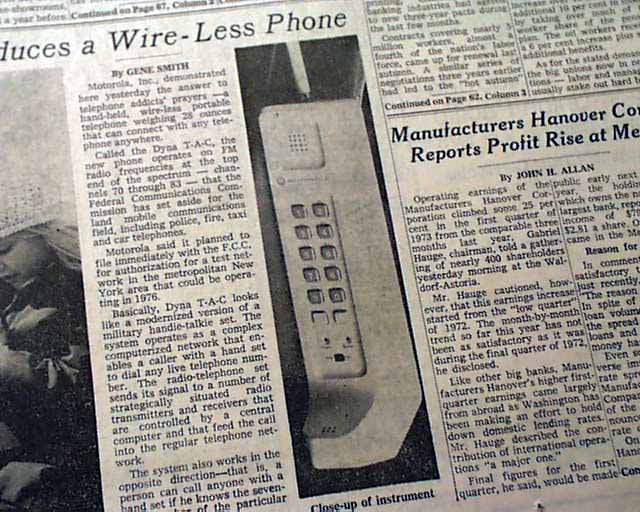 Historic Very 1st Cell Phone Call Martin Cooper Motorola Dynatac 1973 Newspaper 2394