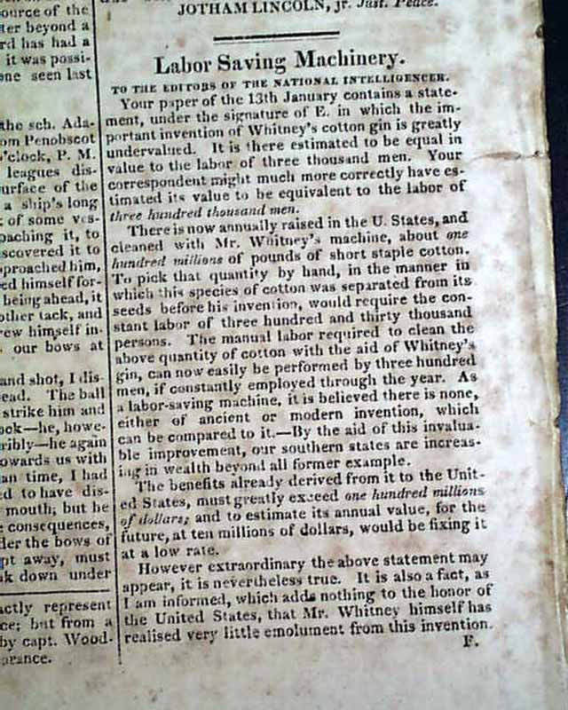 ELI WHITNEY Cotton Gin Invention & Andrew Jackson INDIANS 1818 Old Newspaper