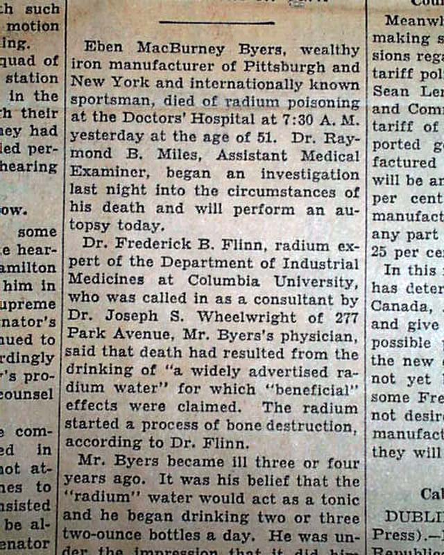 EBEN BYERS Radithor Radium Water Radiation Poisoning DEATH 1932 NYC
