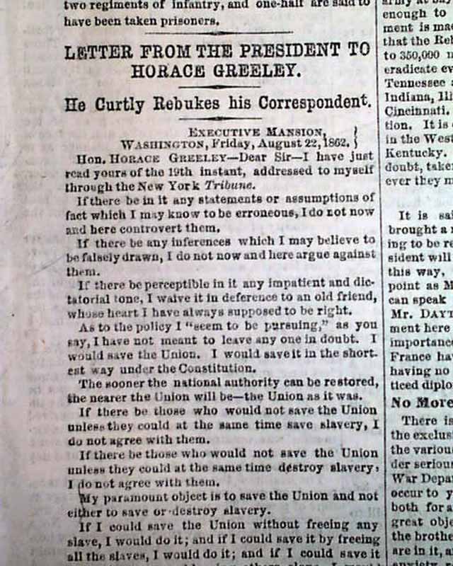 ABRAHAM LINCOLN Horace Greeley LETTER 1862 CW Newspaper eBay