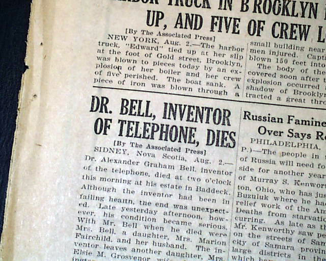 ALEXANDER GRAHAM BELL Telephone Inventor DEATH 1st Report in 1922 Old 