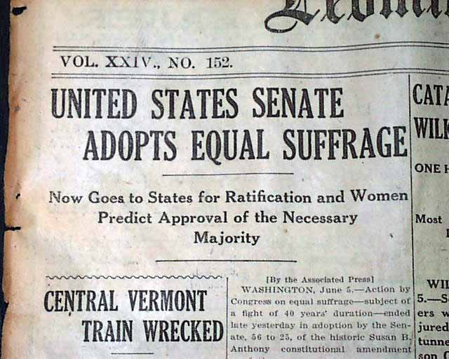 WOMEN'S SUFFRAGE Senate Passes Woman Voting Rights WINS 1919 Old Newspaper