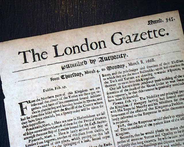 1668 Newspaper EARLY Rare 17th Century 349 Years Old LONDON GAZETTE England RARE 1668 Newspaper EARLY Rare 17th Century 349 Years Old LONDON GAZETTE England RARE