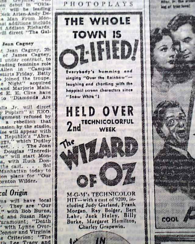 The Wizard Of Oz Judy Garland Opening Week Premiere Advertisement 1939
