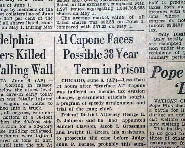 AL 'Scarface' CAPONE Gangster Indicted For Tax Evasion MAFIA 1931 Old