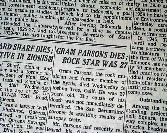 GRAM PARSONS Country Rock Star DEATH 1st Report 1973 New York Times