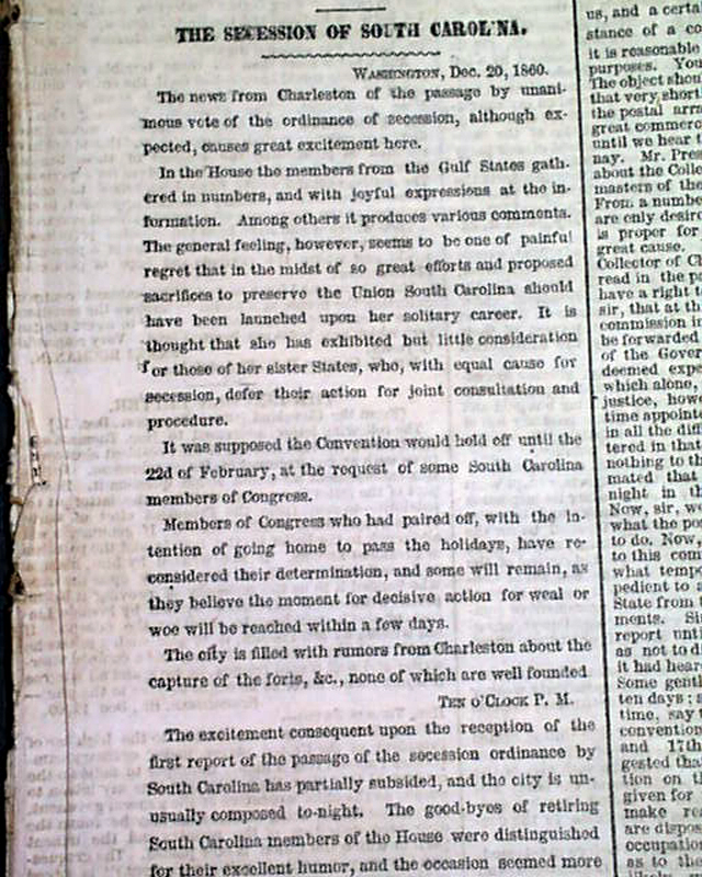 SOUTH CAROLINA Secession Secedes From UNION 1860 Pre Civil War NYC Old
