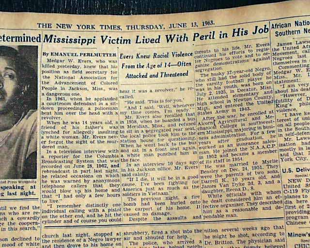 Death of civil rights activist Medgar Evers RareNewspapers com