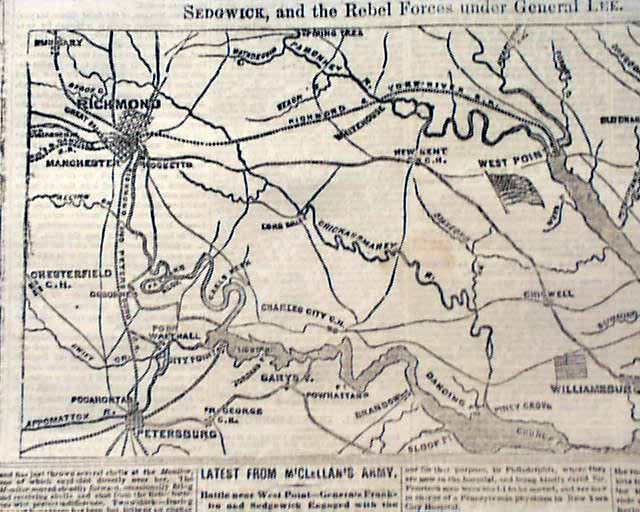 BATTLE OF ELTHAM'S LANDING West Point Virginia Civil War MAP 1862 Old