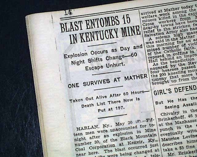 Harlan Ky Kentucky Kenvir Coal Mine Explosion Disaster 1928 Old Nyc Newspaper