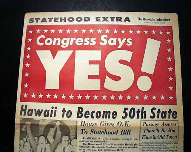 Great HAWAII STATEHOOD Joins The Union Admission 1959 Old Honolulu HI Newspaper eBay