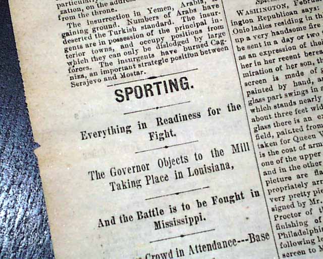 John L Sullivan vs Paddy Ryan Boxing Title Mississippi City MS 1882 Newspaper  