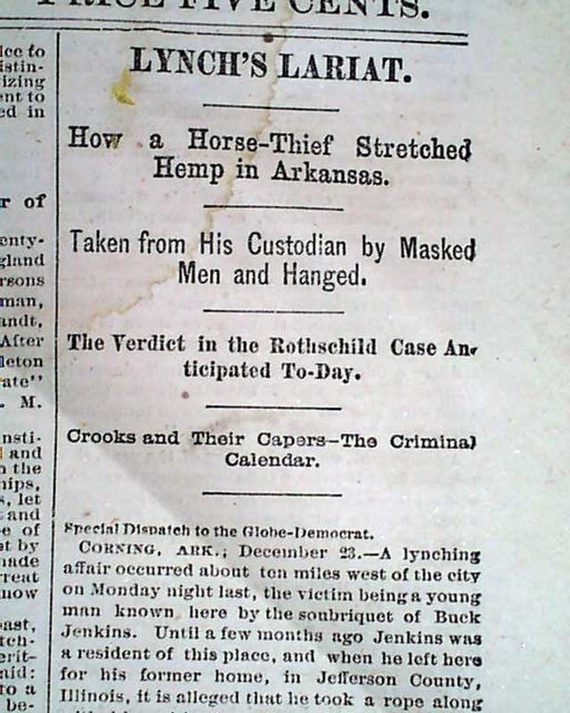 CORNING Clay County ARKANSAS Horse Thief LYNCHING Mob Hanging 1878 Old