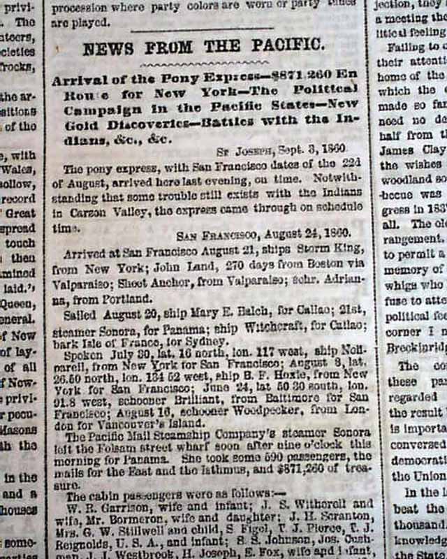 THE PONY EXPRESS Mail Service Report St. Joseph Missouri 1860 Old