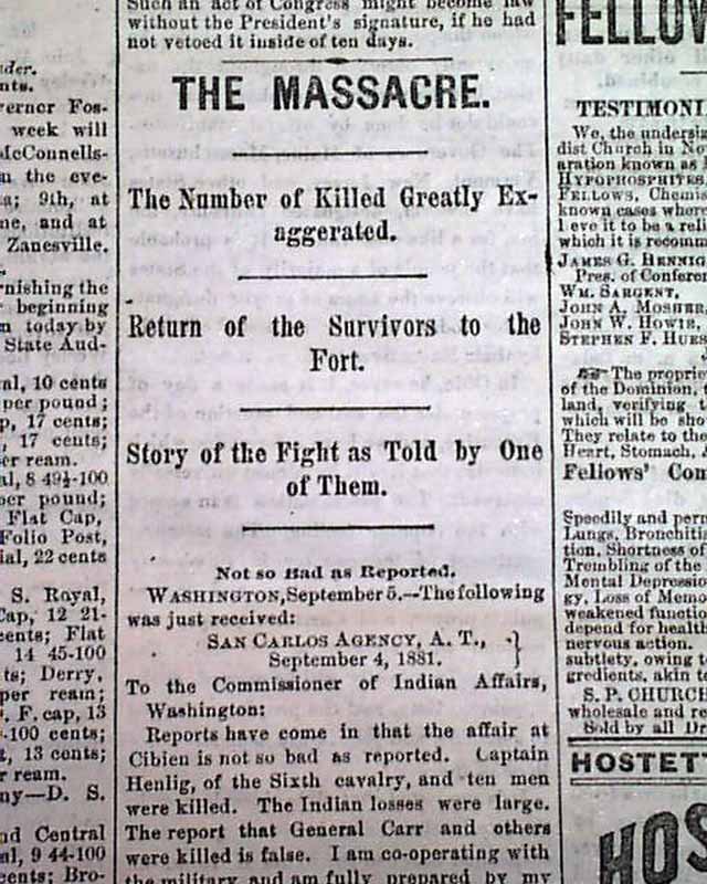 BATTLE OF FORT APACHE Arizona Territory INDIANS Massacre ? 1881 Old Newspaper eBay