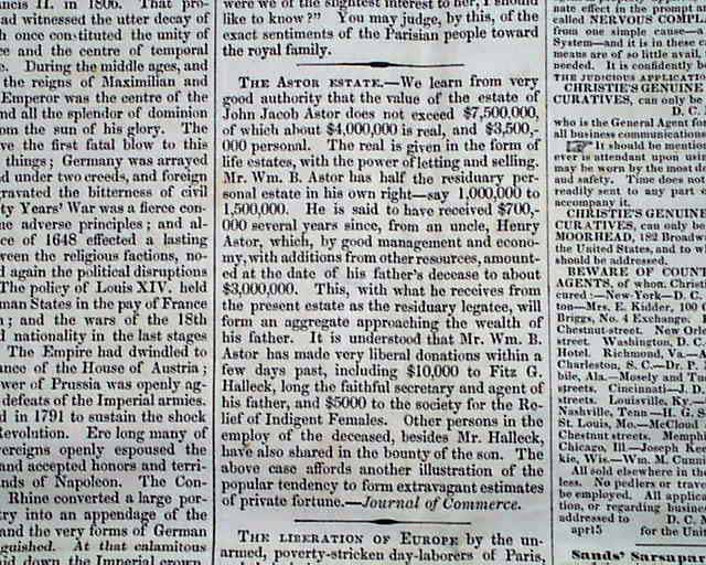 JOHN JACOB ASTOR Business Magnate re. Death ESTATE Worth 1848 Old Newspaper eBay
