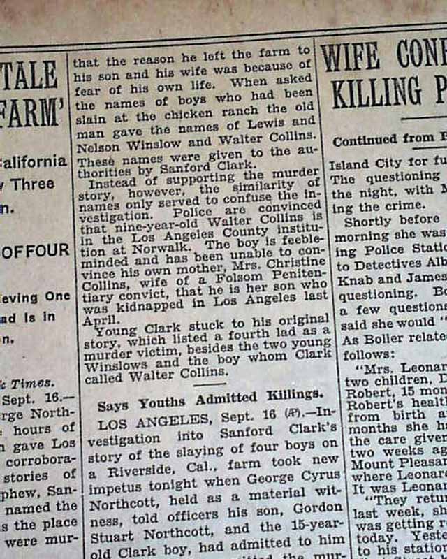 WINEVILLE CHICKEN COOP MURDERS Walter Collins Movie Changeling 1928