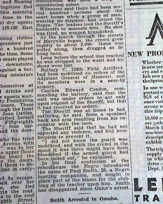 MARYVILLE MO Missouri Raymond Gunn NEGRO Schoolhouse Lynching 1931 Old