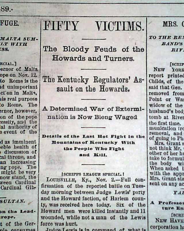 1889 Old Newspaper HATFIELDSMcCOYS & TurnerHoward Harlan County