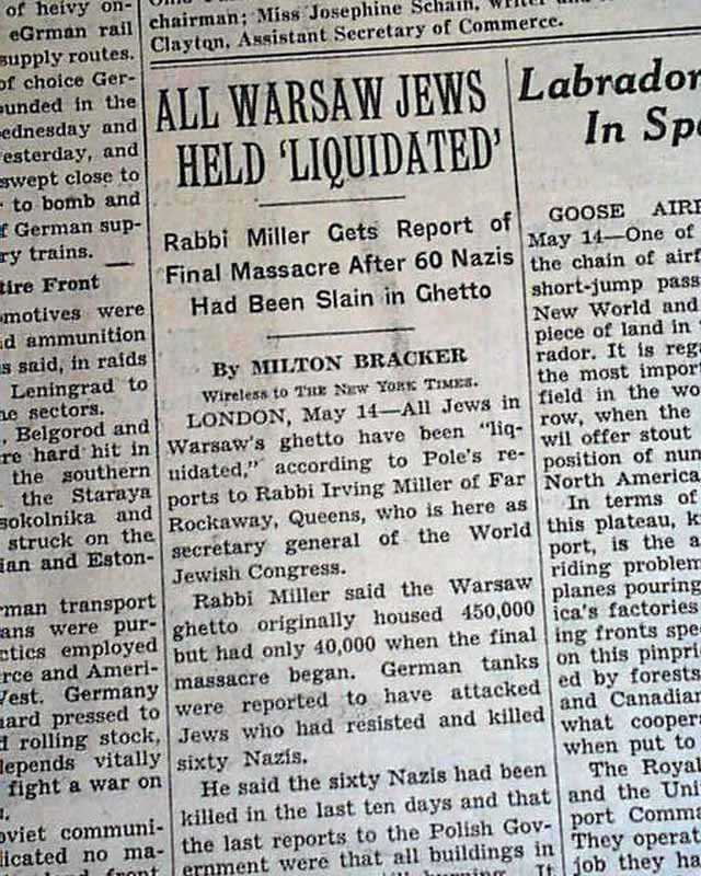 WARSAW GHETTO UPRISING ENDS w/ Extermination of All Jews 1943 WWII Old