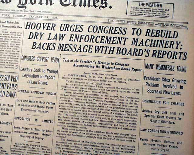 PROHIBITION Herbert Hoover Message to Congress DRY LAWS Enforced 1930